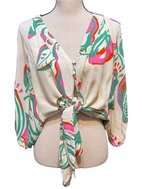 BLUESTEEL‎ Mod Floral Style Long Sleeve Button Tie Front Crop Top Resortwear M